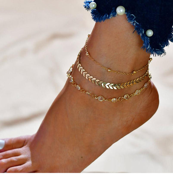 2 Sets of Chevron and Crystals Anklet Set - 6pcs