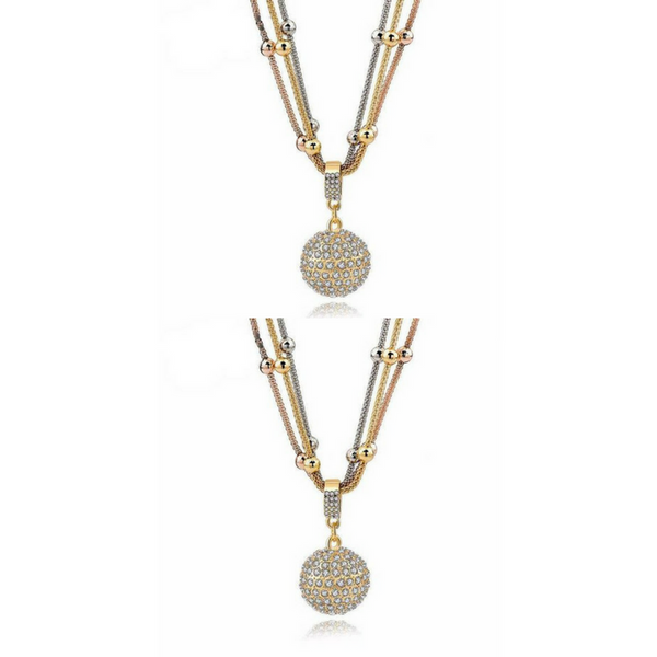 2 Sets of Gold Ball Necklace with Rhinestone Pendant - Necklace