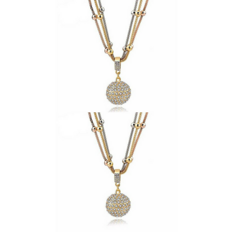 2 Sets of Gold Ball Necklace with Rhinestone Pendant - Necklace