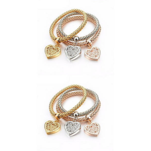 2 Set of Heart Charm Bracelets with Austrian Crystals